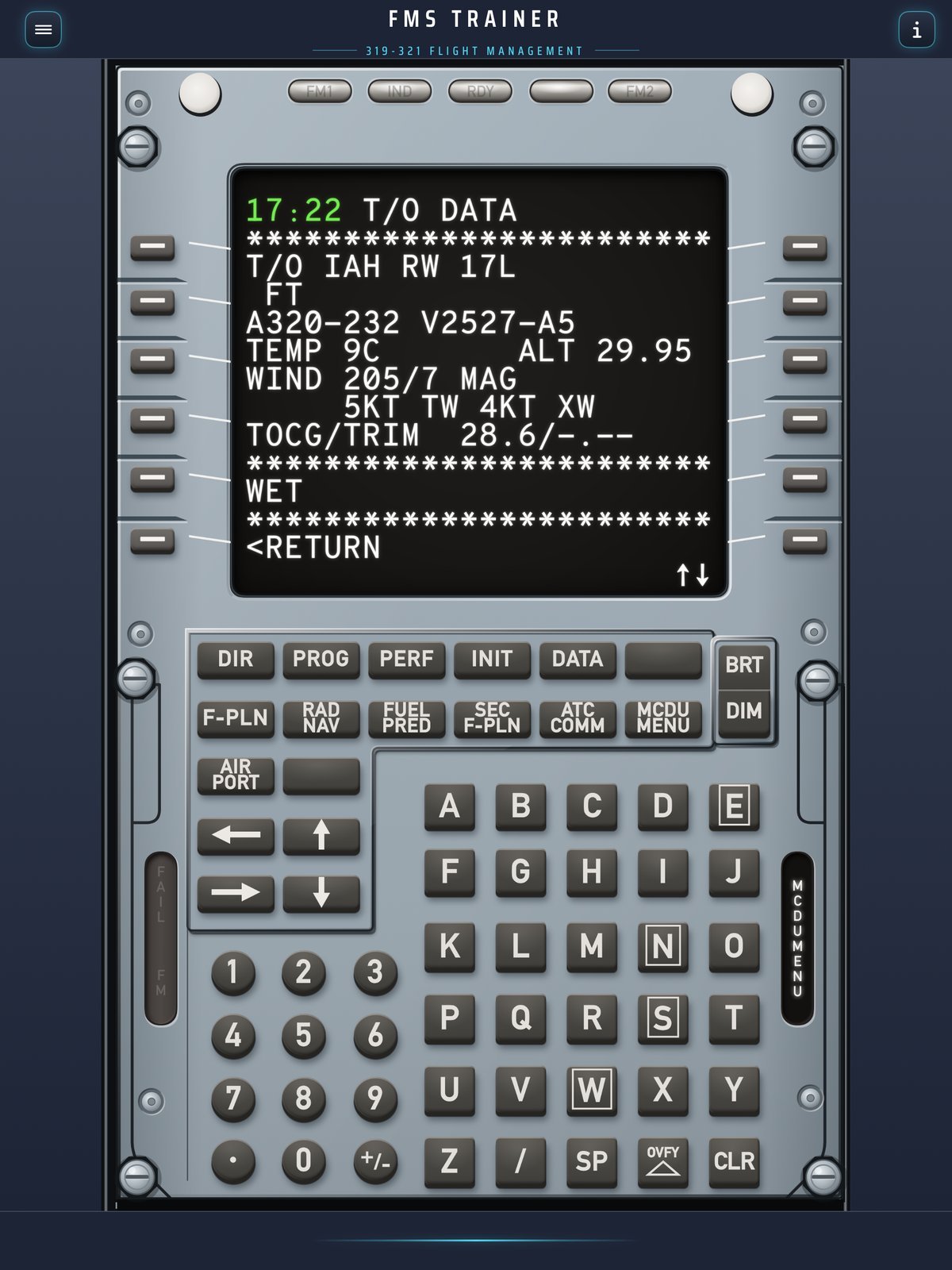 A320 takeoff data page
