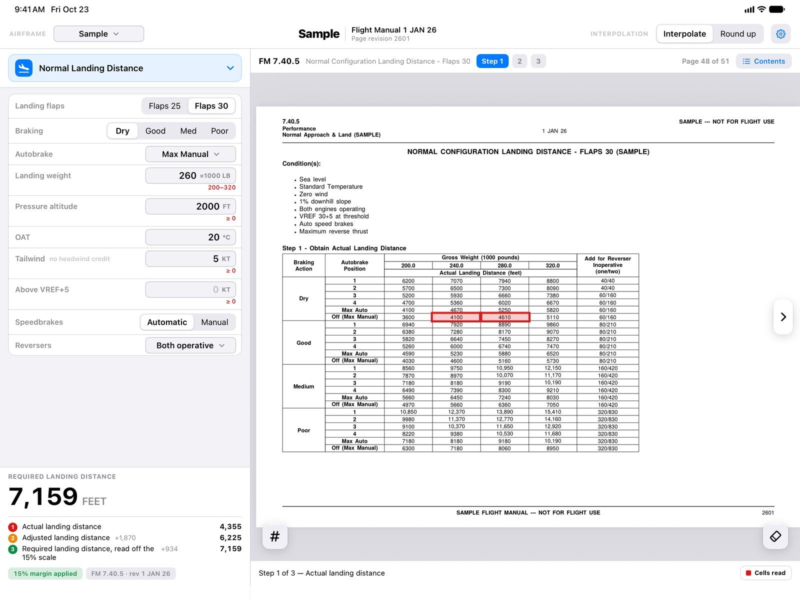 Landing distance answer with the cells it read boxed in red on the sample manual page