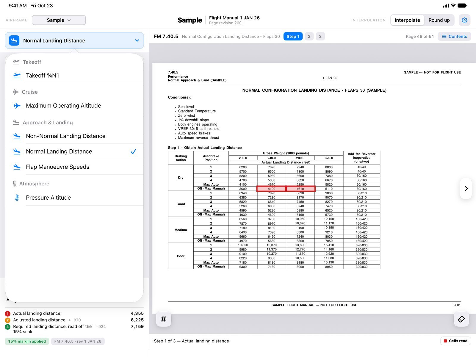 Calculator picker listing takeoff, cruise, approach and landing calculators