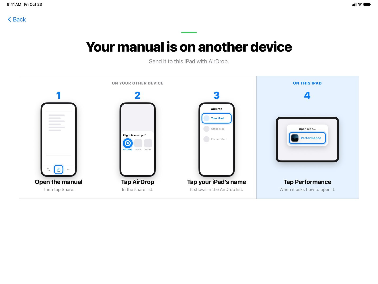 Four-step guide to sending the manual to the iPad with AirDrop