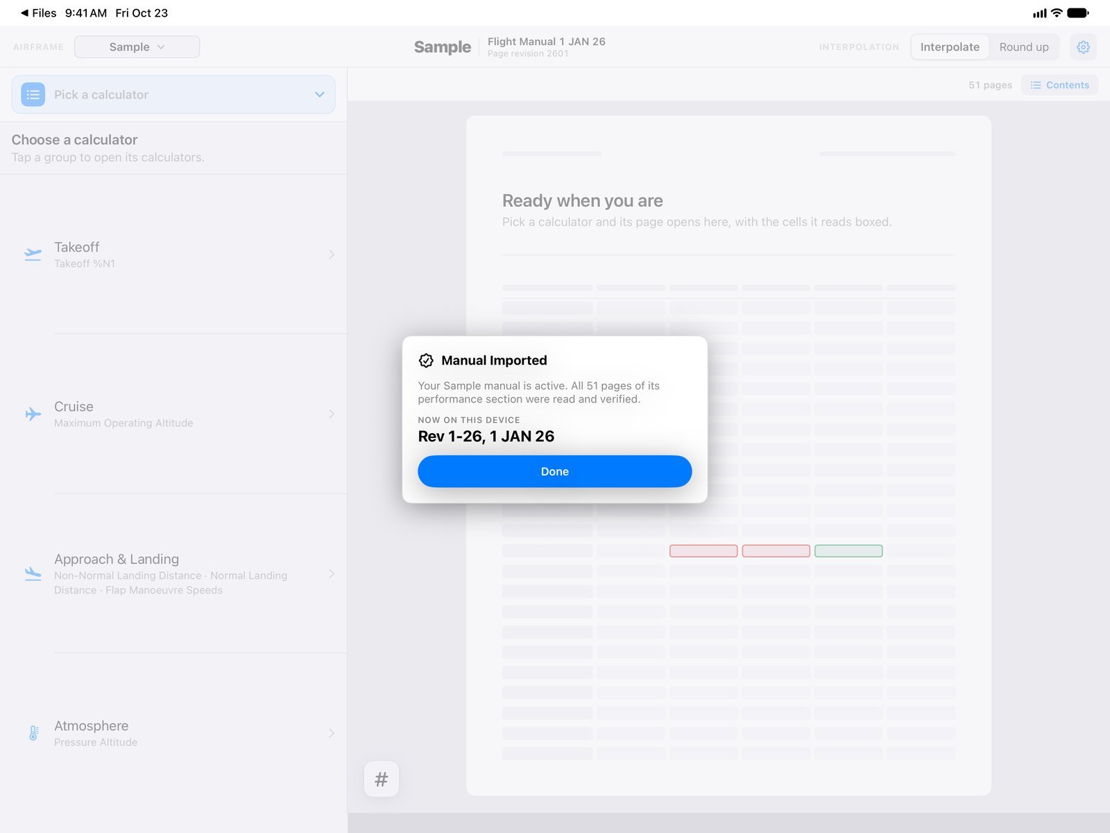 Manual Imported confirmation showing the sample manual revision now on the device