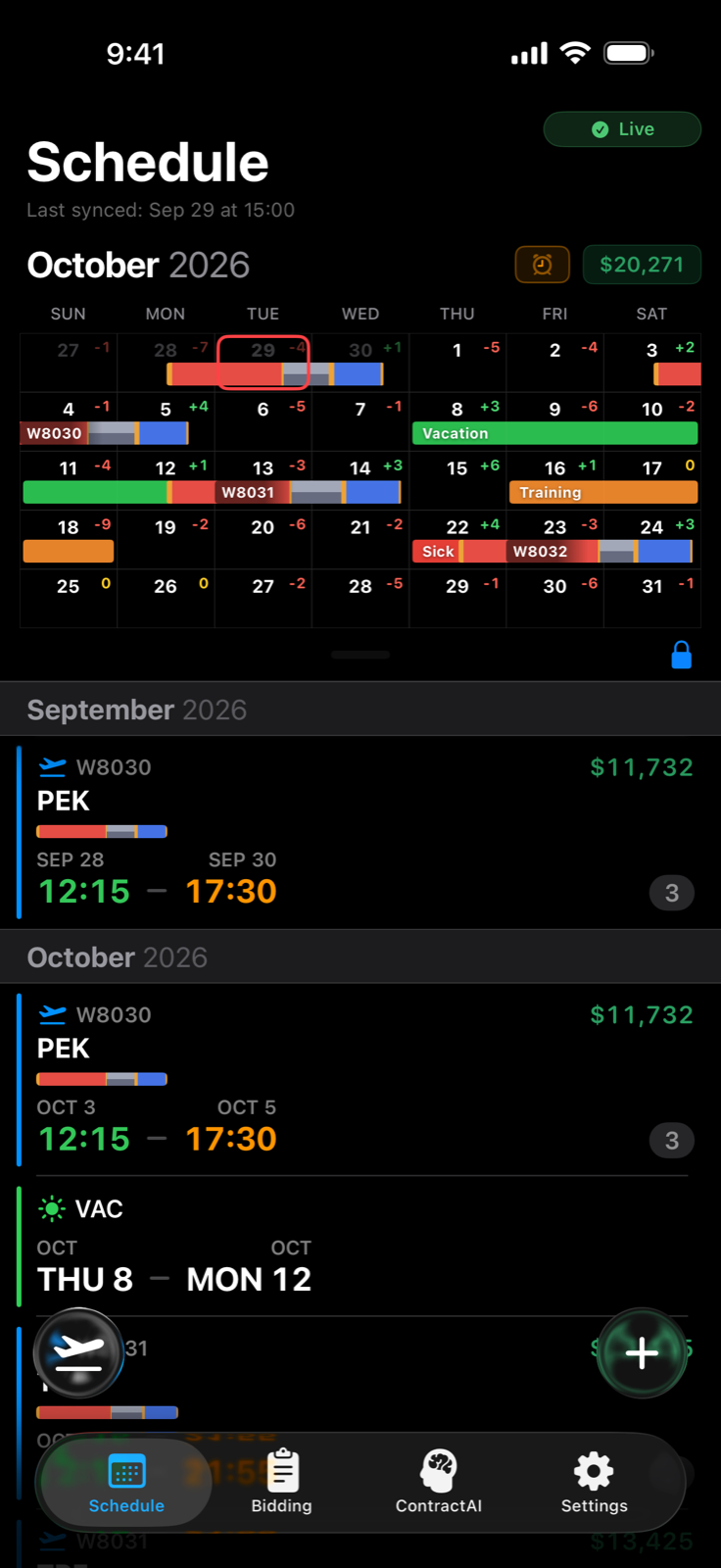 The Stellaris iOS app showing a monthly schedule in dark mode