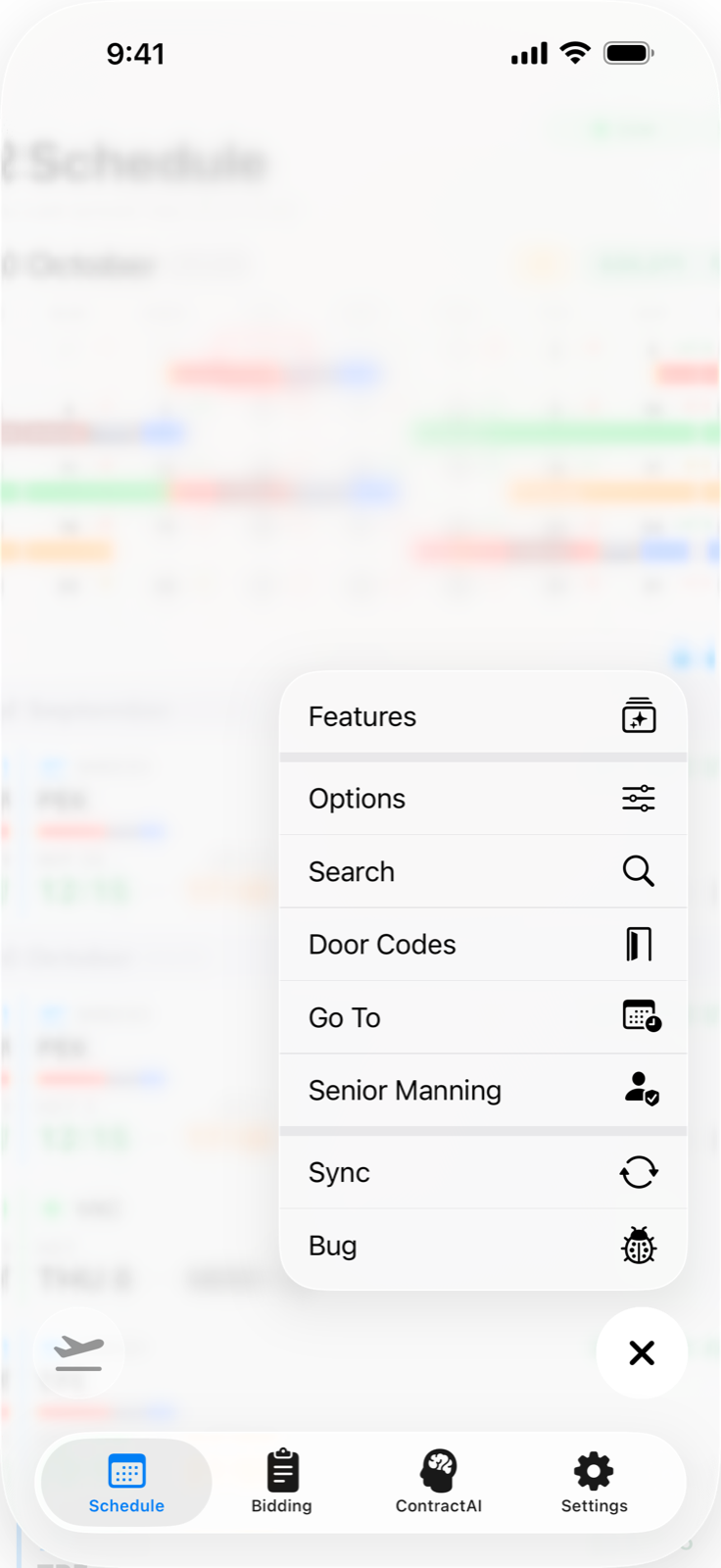 Schedule tab with the + menu open