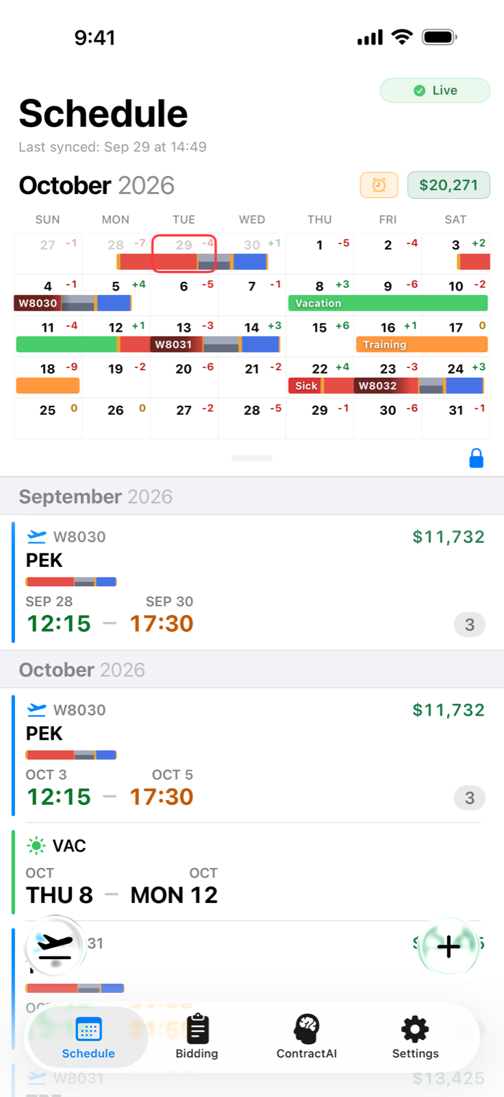 Schedule tab with the month calendar held open above the event list