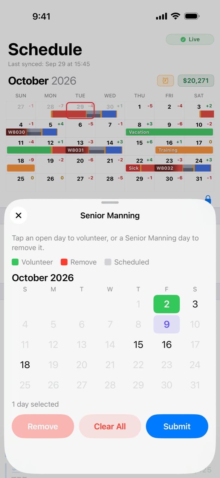 Senior Manning sheet over the October schedule, one open day picked to volunteer