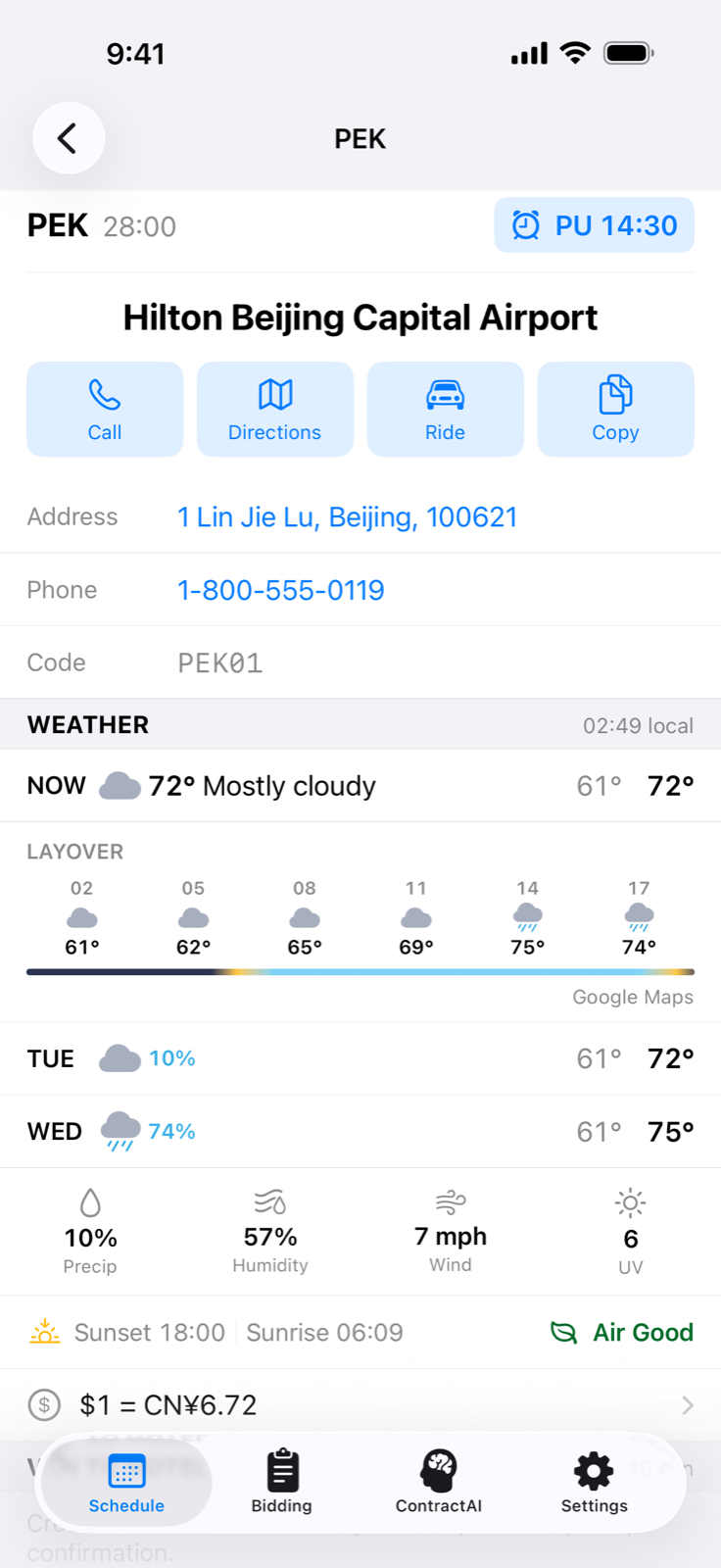Layover detail with hotel actions and the weather NOW row