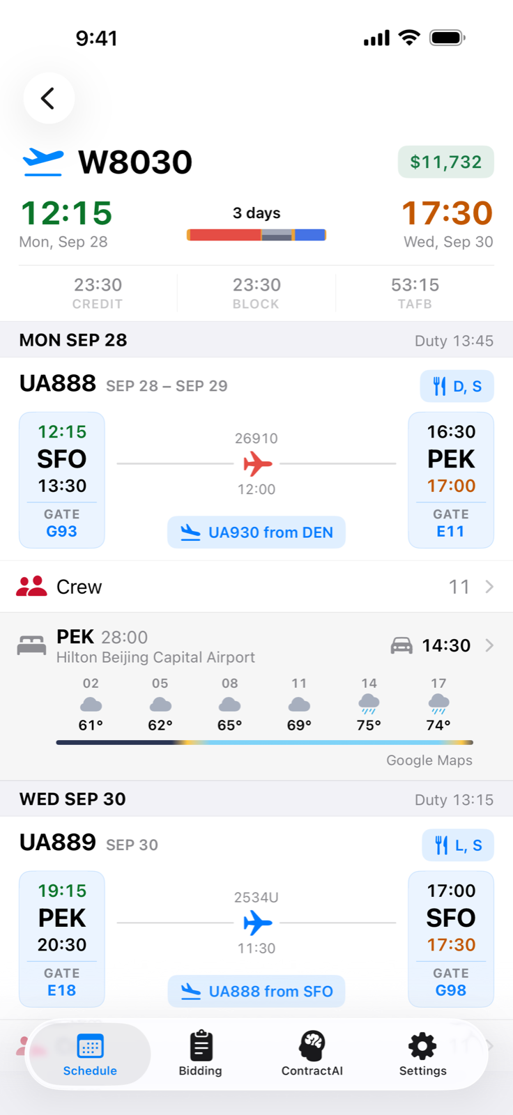 Trip detail with duty-day bands, legs, and a layover weather strip