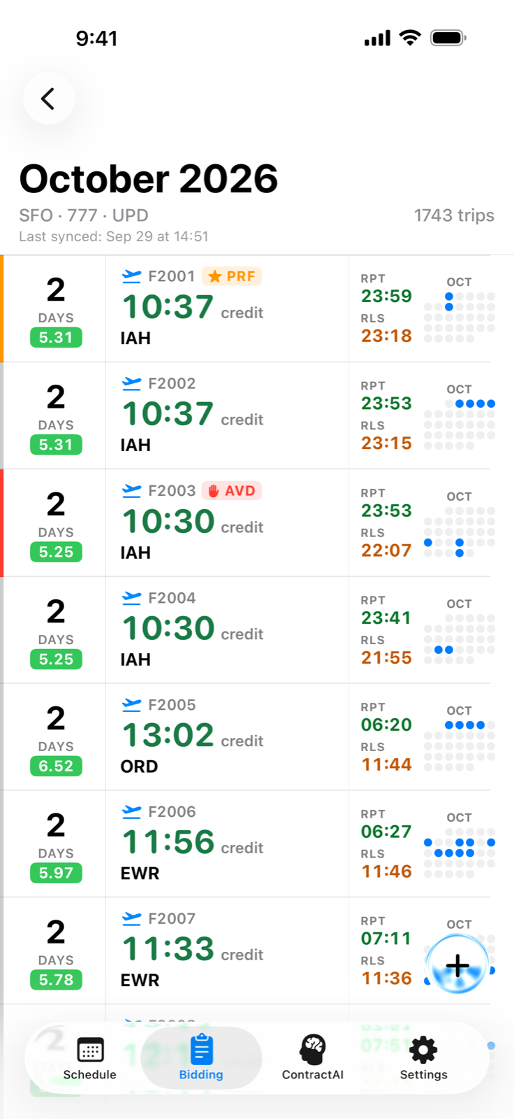 Bid package trip list with Prefer, Required, and Avoid marks