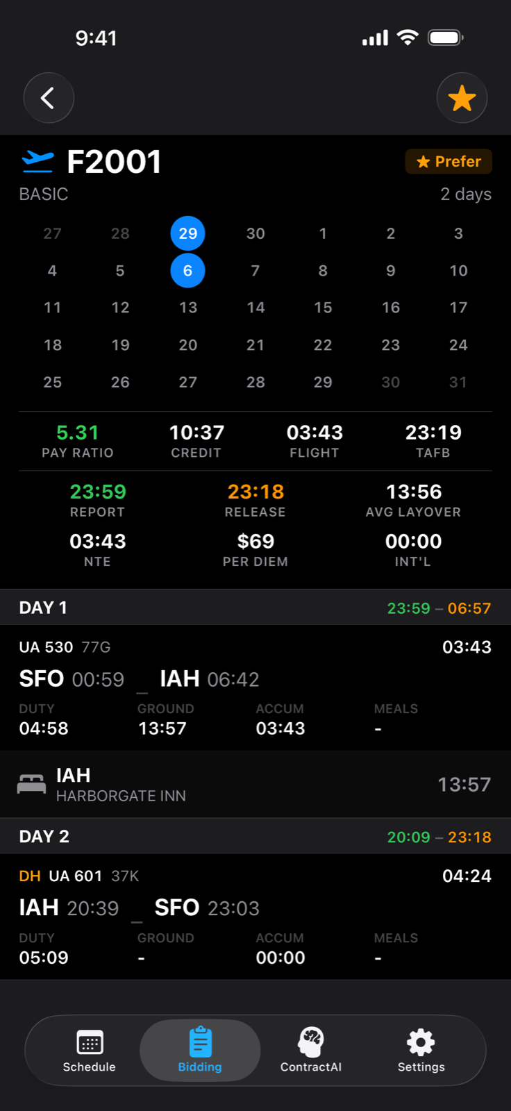 Bid package trip detail in dark mode