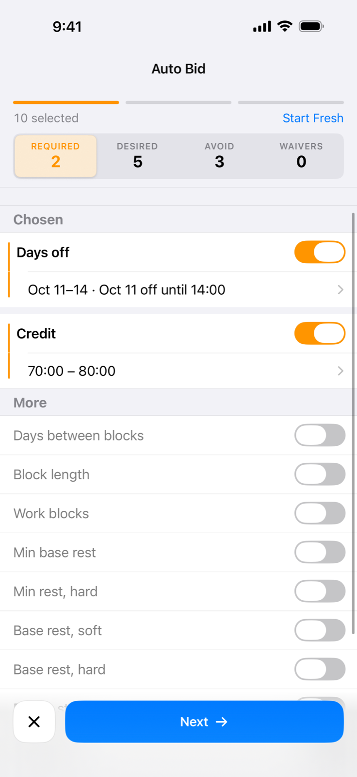 AutoBid step 1 with Required, Desired, Avoid, and Waivers