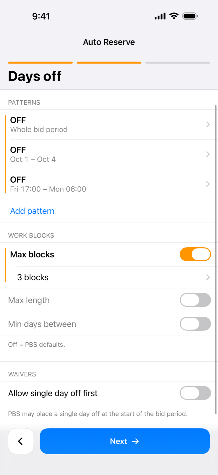 Reserve AutoBid days-off patterns
