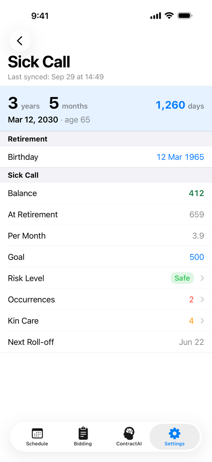 Sick Call screen with the retirement countdown