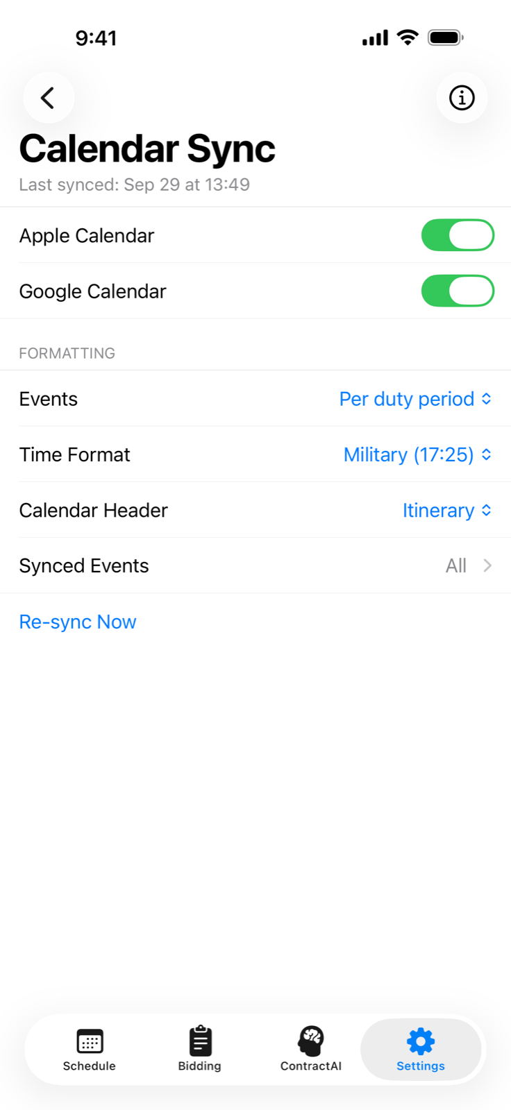 Calendar Sync settings
