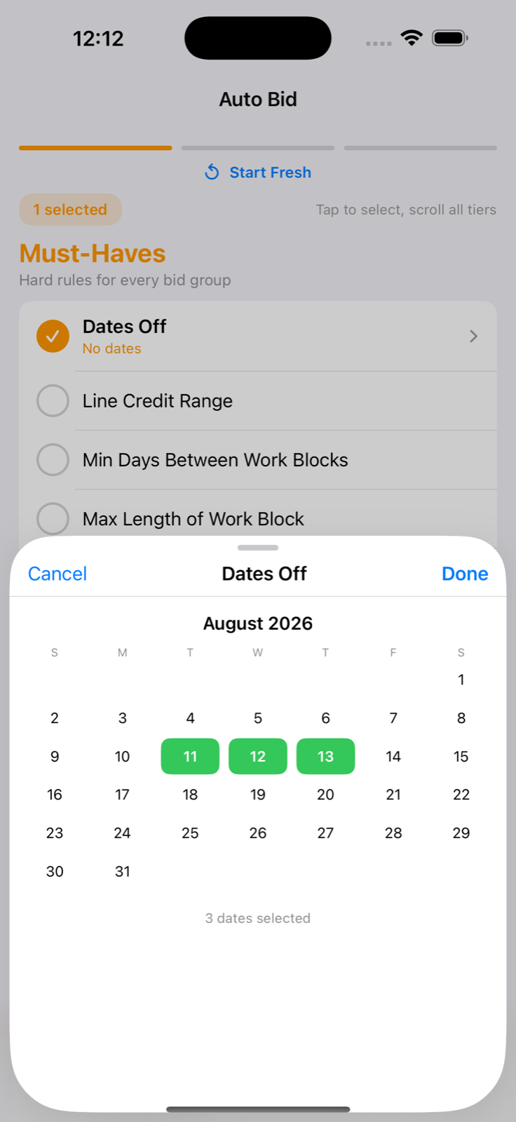 AutoBid must-haves with dates off calendar