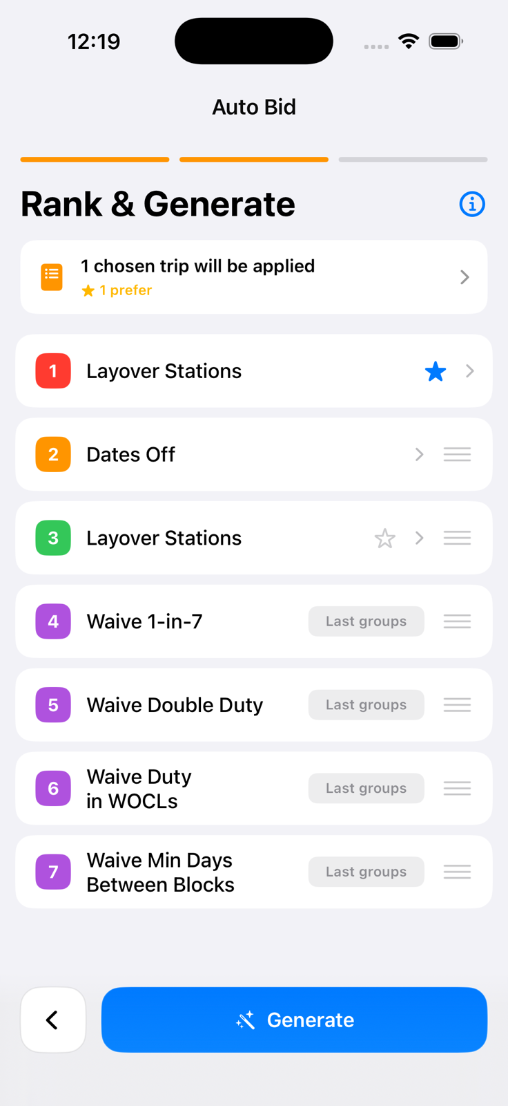 AutoBid rank and generate screen