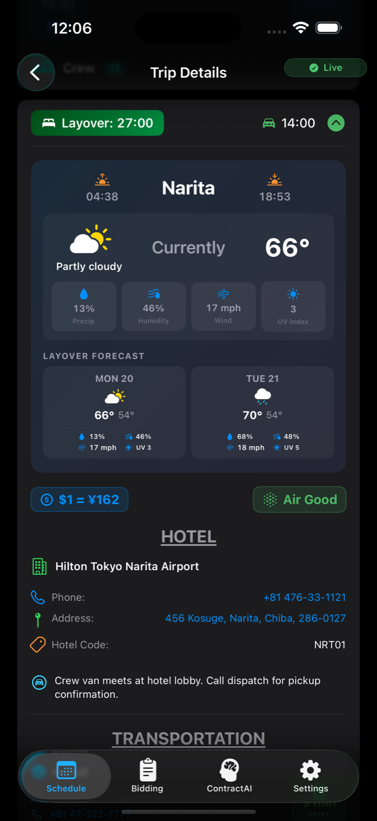 Layover brief in dark mode