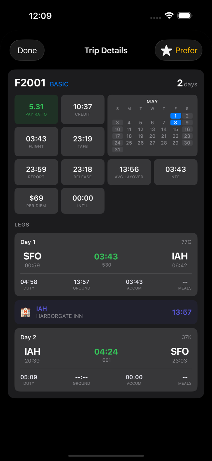 Trip detail in dark mode