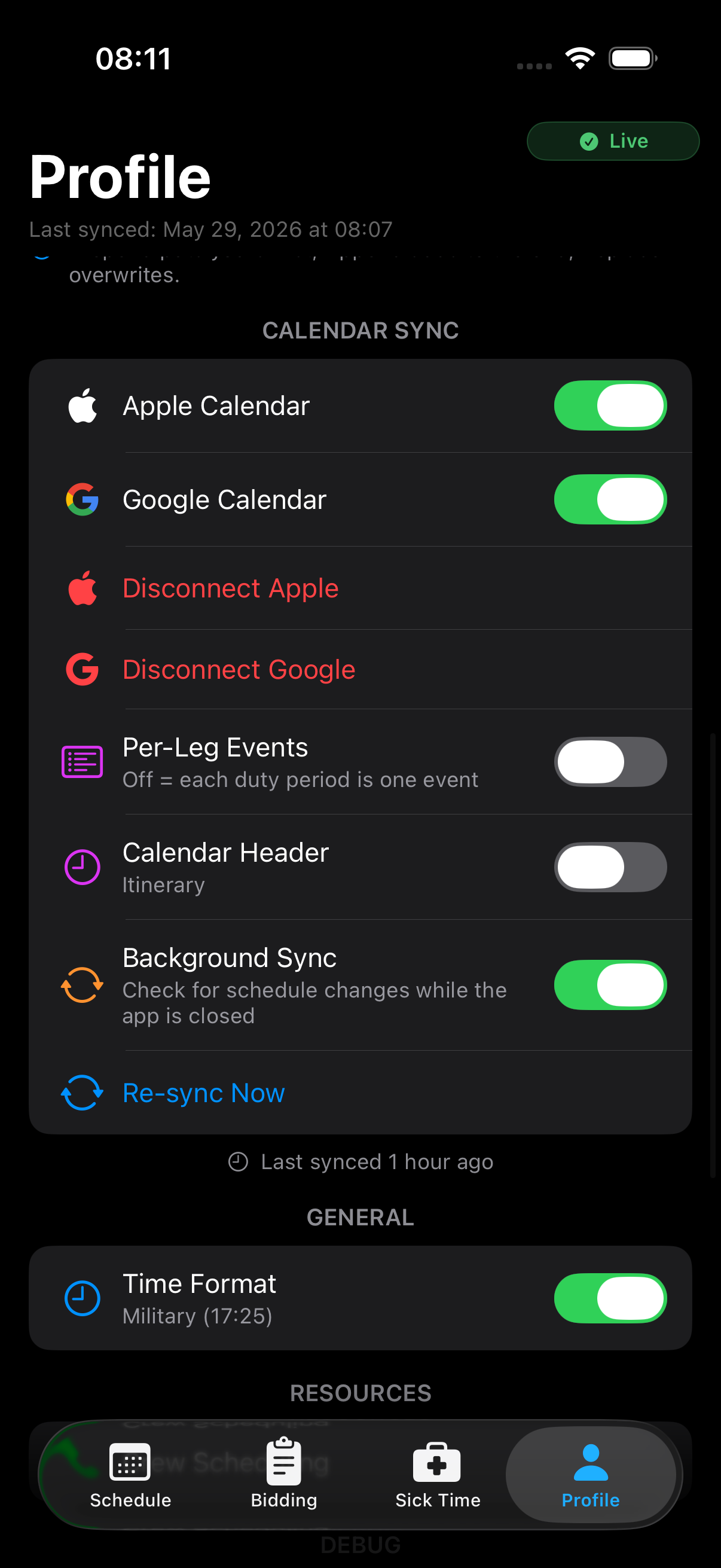 Calendar sync settings