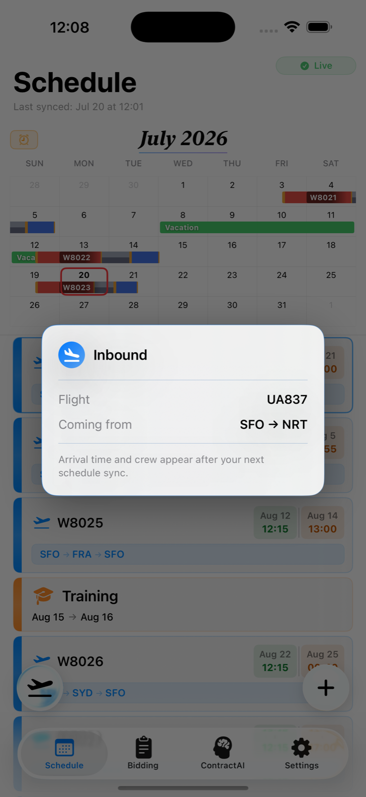 Inbound aircraft popup