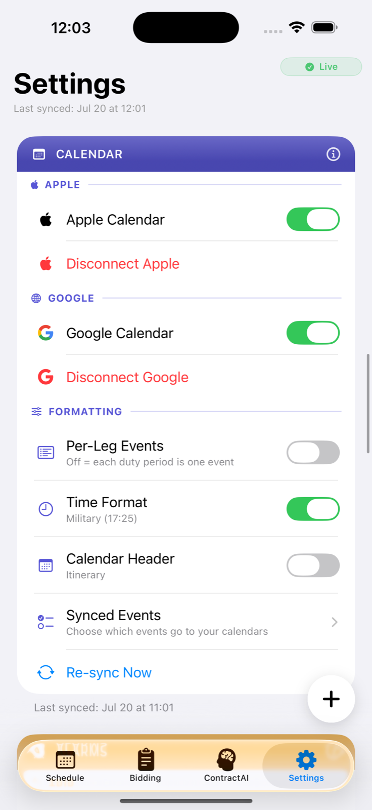 Calendar sync settings